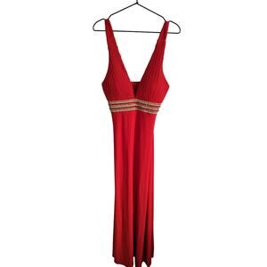 Lucas & Emma Womens Sz S Formal Maxi Dress Red Rhinestone Micro Pleat